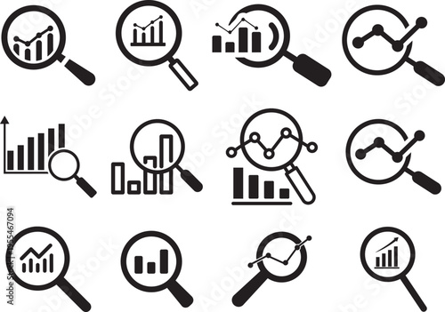 Data Analysis Magnified: A collection of magnifying glasses, each revealing a different data chart, symbolizing the process of data analysis and market research.