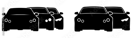 Black Front View Car Silhouettes Representing Automotive Traffic Congestion Or Vehicle Dealership
