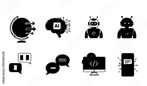 AI and machine translation vector icons for tech applications and digital communication