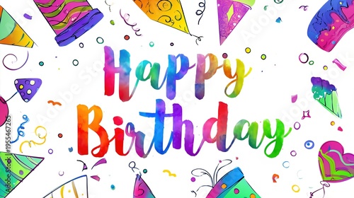 Colorful Birthday Greeting With Watercolor Style and Festive Decorations in Celebration