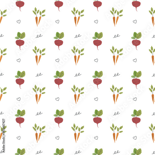 Garden and vegetable patch seamless pattern with beetroots and carrots. Vector design for gardening prints.