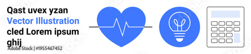Healthcare, innovation, calculations, education, technology, lifestyle. Blue heart with a pulse line, a lightbulb and a calculator. Healthcare and innovation concepts visually
