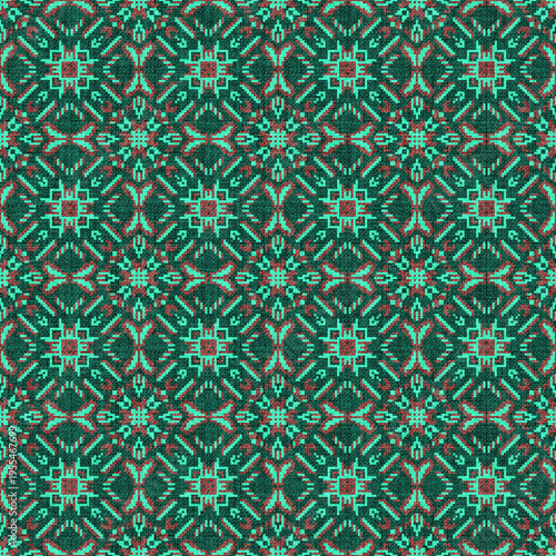 Green Ethnic Tribal Geometric Seamless Pattern with Woven Textile Texture, Traditional Folk Ornament Background for Fabric Print, Wallpaper, Wrapping Paper and Surface Design