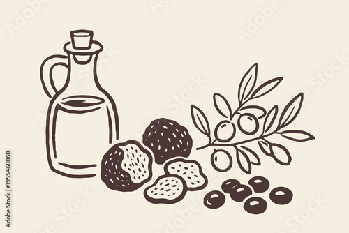 Truffle oil and olives hand drawn sketch vector illustration