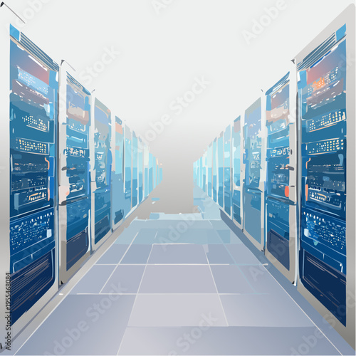 Modern server room with rows of interconnected computer racks and advanced technology infrastructure, representing data storage and networking systems