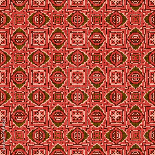 Red Ethnic Geometric Seamless Pattern with Earth Tone Motif, Tribal Pixel Textile Style Ornament Background for Fabric Print, Wallpaper, Wrapping Paper and Surface Design