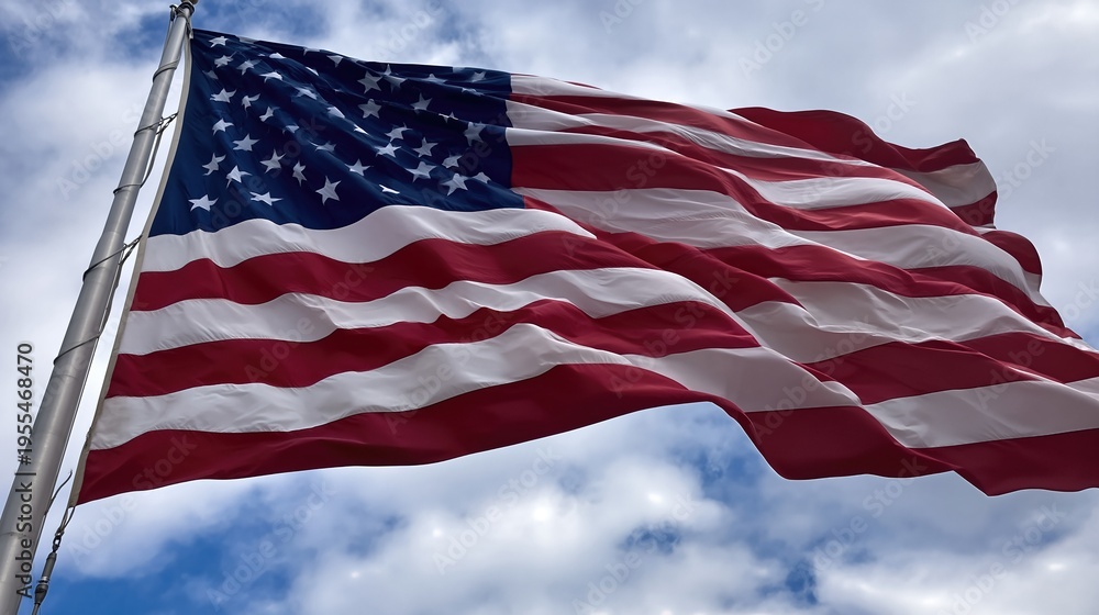 Fototapeta premium Waving Usa Flag Under Cloudy Sky During Daytime at an Outdoor Location in America
