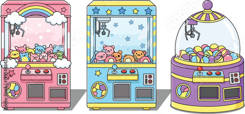 Set of colorful pastel claw machine illustrations featuring cute plush bears and prize capsules in a kawaii arcade game style isolated on white background.