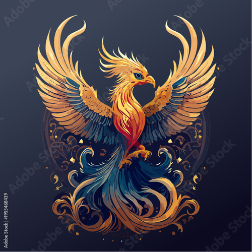 Majestic Golden Phoenix with Flowing Tail Feathers Amidst Ornate Swirls and Dark Blue Background