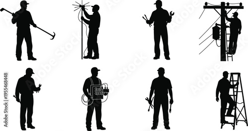 Set of black silhouettes featuring professional utility workers and technicians performing various maintenance tasks including electrical repairs on power lines and using industrial tools.