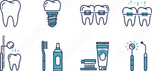 Flat design dental care icons set with toothbrush, toothpaste, dental implant, and oral hygiene tools