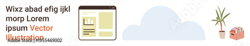 Remote work, digital organization, virtual collaboration, workspace setup, productivity tools, and online document management. Document interface window, cloud plant and storage boxes. Remote work