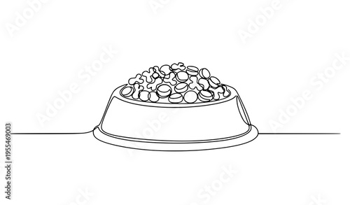 Continuous one line drawing dog food bowl pet feeding vector illustration