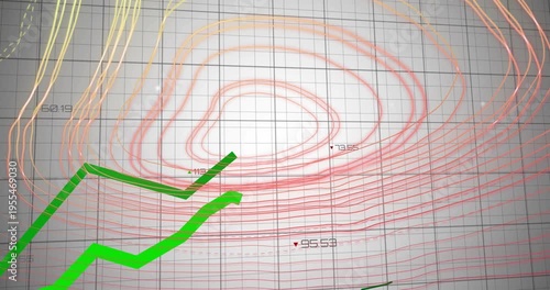 Data feed starting, neon-green line climbing grid with contours, adding analytics dark line rising