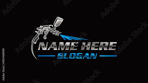 Modern Automotive Paint Logo with Spray Gun and Blue Clean Workshop Style