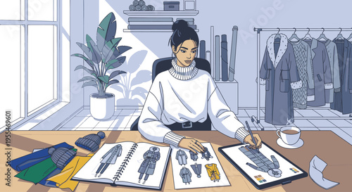 Fashion designer working on clothing sketches at a desk with fabric swatches and a cup of coffee in a modern studio with natural light.