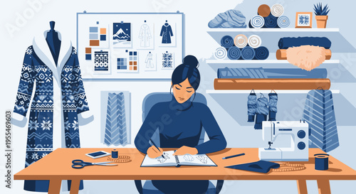 A woman sits at a wooden desk, writing in a notebook surrounded by sewing equipment and clothing designs in a creative workspace.
