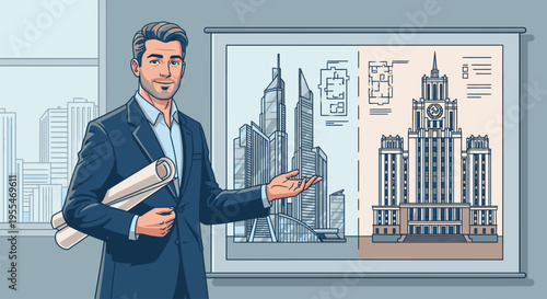 Illustration of a businessman presenting architectural blueprints in front of a framed cityscape drawing with a modern office background.
