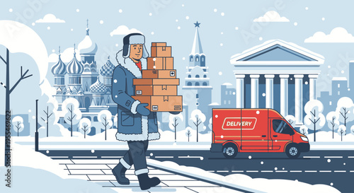 Illustration of a delivery man walking with packages on a snowy city street with a red van and historic buildings in the background, conveying a cold and busy urban mood.