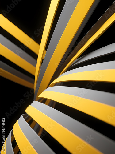 Curved and flowing, yellow and gray ribbons intertwine in a captivating display against a black background, creating a mesmerizing dance of color and line that inspires creativity Generative AI