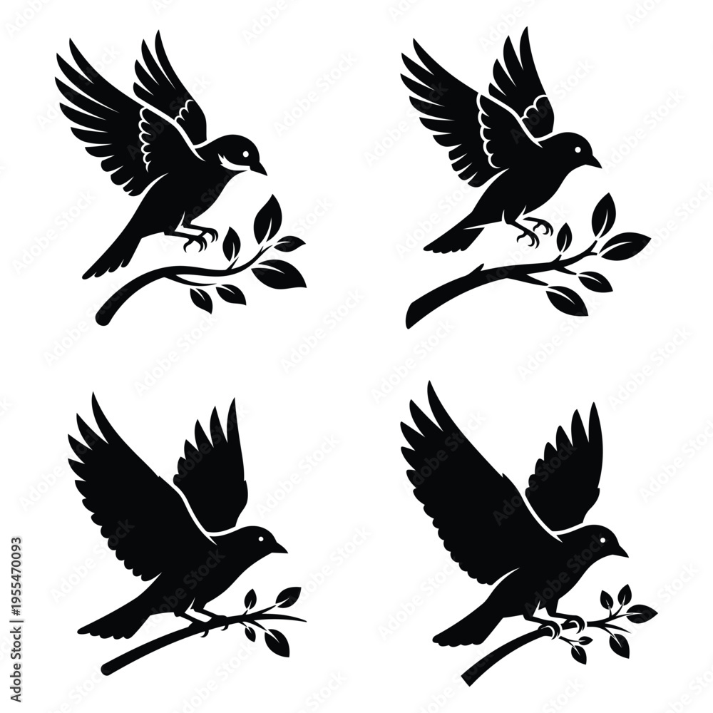 Fototapeta premium Four black silhouettes of birds on branches