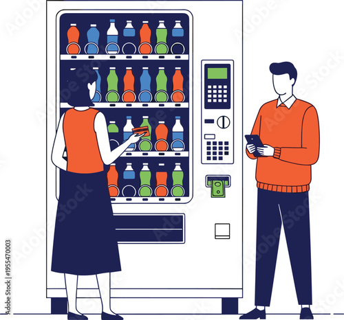 Vector illustration of a man and woman using a credit card and smartphone to buy bottled refreshments from a modern automated vending machine.