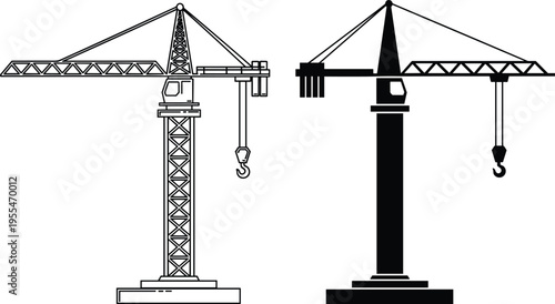 Vector Illustration of Construction Tower Cranes Featuring One Detailed Line Art Design and One Solid Black Silhouette for Industrial Building and Engineering Projects