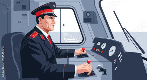 Illustration of a train conductor operating controls in the driver's seat of a train with a gray interior and a view out the window.