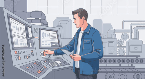 Illustration of a man in a blue jacket operating industrial control panels in a factory setting with a modern aesthetic.