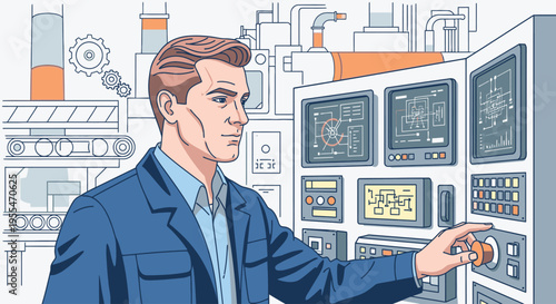 A fair-skinned man in a blue lab coat operating industrial control panels in a factory setting with a technical mood.