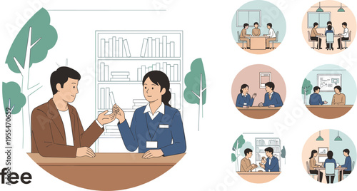 Vector Illustration Set of Business People Meeting and Consulting at a Desk with a Client Paying Fees and Professional Teams Discussing Corporate Strategy