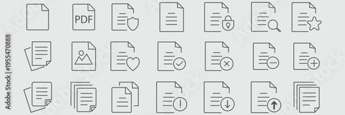 Document set of web icons in line style. Documents linear icon collection. Containing contract papers, folder, certificate, accept, approved, clipboard, invoice, archive and more. Editable stroke