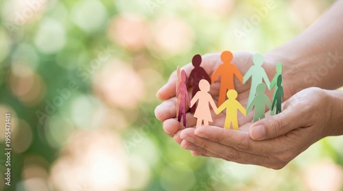 community, diversity, inclusion, unity, support, togetherness, social work concept with hands holding colorful paper people figures over a blurred natural green bokeh background.