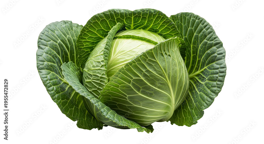 Fototapeta premium Fresh green cabbage for cooking and food packaging, isolated on white background