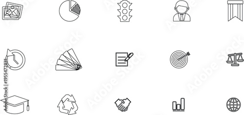 Business icons, finance symbols, education graphics, 16 line style illustrations