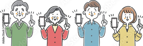 スマホを持って説明する家族二世代　上半身　ベクター