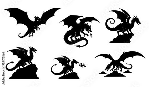 Oriental dragon silhouette vector set with serpentine mythical creatures in elegant dynamic poses