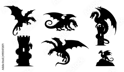 Minimalist dragon silhouette vector set with modern flat fantasy creatures in dynamic poses