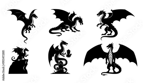 Black dragon silhouette vector set in flying standing and crouching poses for fantasy mythology design