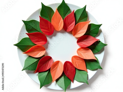Decorative arrangement of paper flowers and leaves on a white plate