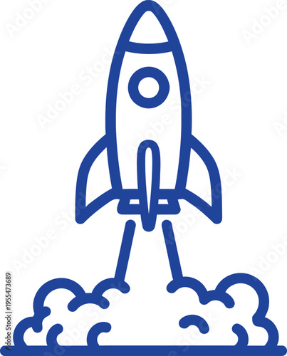 A blue rocket ship launching into the sky with flames and smoke