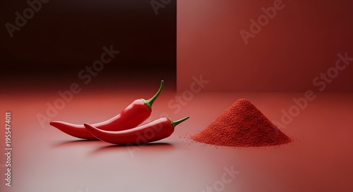 Minimalist 3D Red Chillies and Chilli Powder on Reflective Surface Vibrant Red Background