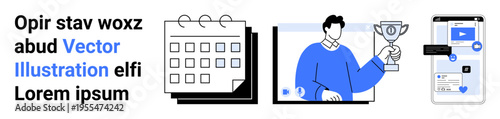 Scheduling, productivity, achievement, notifications, planning, task management. Calendar, person holding a trophy mobile user interface. Scheduling and productivity illustrated visually