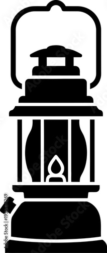 Black silhouette icon of a vintage kerosene lantern, graphic for camping, exploration, and rustic ambiance