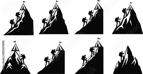 Mountain climber silhouettes, teamwork ascent, adventure challenge, peak climbing, perseverance icons, summit achievement, outdoor exploration, black and white illustration