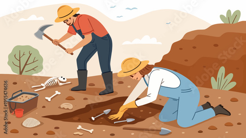 Two archaeologists excavating a site with tools and a skeleton in the desert