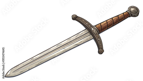 A medieval-style sword with a brown handle and silver blade on a white background