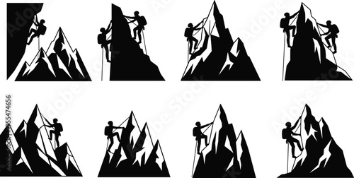 Mountain climber silhouettes, rugged peaks, rope ascent, outdoor adventure, mountaineering icons, summit challenge, perseverance teamwork, black and white illustration