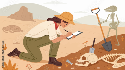 A cartoon paleontologist woman kneeling in the desert, taking notes next to a dinosaur skeleton and fossilized skull.