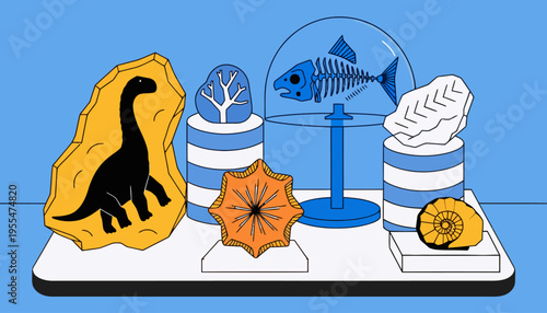 An illustration of various fossils and artifacts on display, including a dinosaur fossil, a fish skeleton, and other ancient relics.